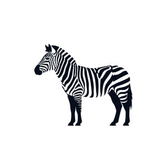 A stylized black and white illustration of a zebra standing sideways, showcasing its distinctive striped pattern and elegant form.