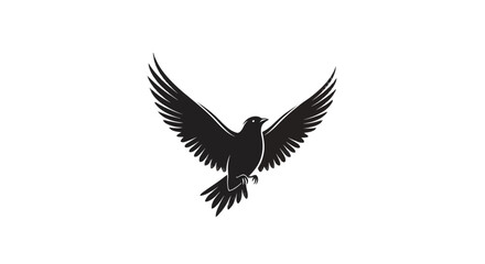 A black bird with its wings spread wide, flying against a white background.