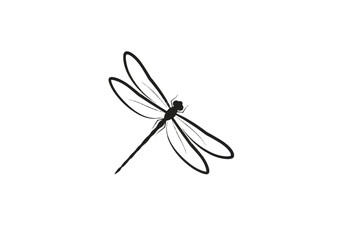 A minimalist black and white line art drawing of a delicate dragonfly with outstretched wings on a clean white background.