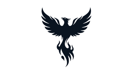 Fototapeta premium Stylized black silhouette of a mythical phoenix bird rising from flames with wings spread wide.