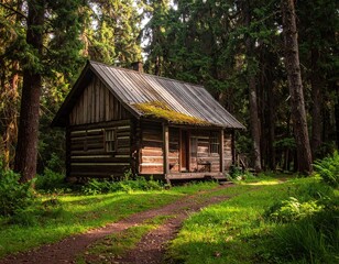 Rustic Log Cabin in Lush Green Forest
