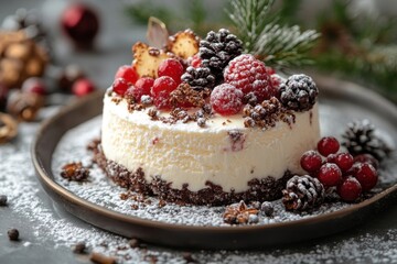 Cranberry dessert on a plate with berries.