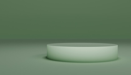  A cylindrical podium or pedestal in a soft, light sage green hue, situated in a brightly lit studio environment. This image conveys a feeling of calm, freshness, and tranquility. 