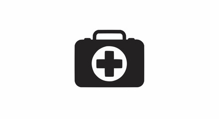 Illustration of a black first aid kit with a white medical cross in the center on a white background