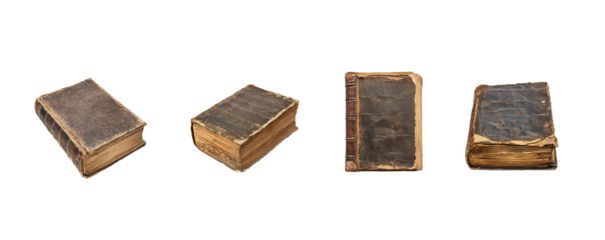 Collection of Old worn jewish book side view isolate on transparent background