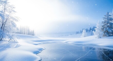 Naklejka premium Icy lake in a snowy winter landscape with covered trees and hills