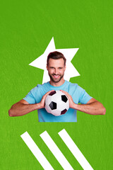 Trendy zine pop photo collage of happy sportsman football guy player push ball euro tournament goalkeeper healthy lifestyle