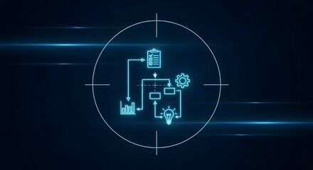 Glowing blue circuit diagram in a crosshair on a dark background with neon lines, conveying a futuristic and technological mood.