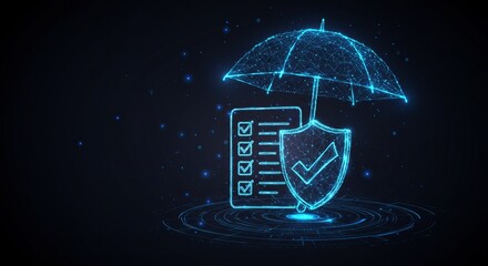cyber insurance policy checklist under umbrella shield — data protection and compliance — neon vector illustration