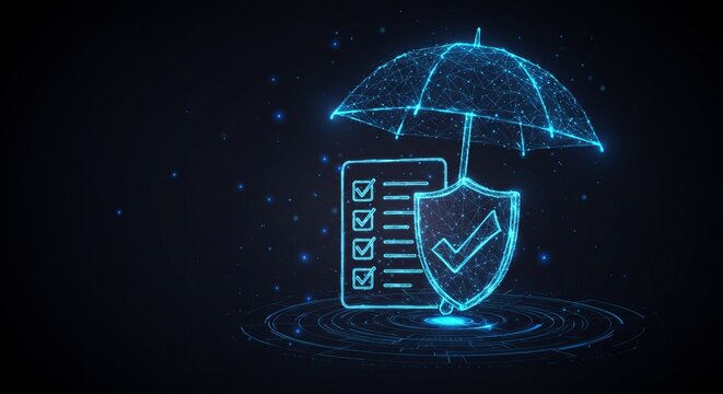 cyber insurance policy checklist under umbrella shield — data protection and compliance — neon vector illustration