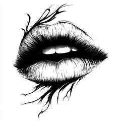 Stylized Detailed Lips with Thorns, seductive black and white, representing passion or allure.