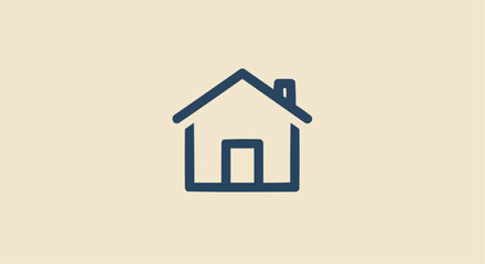 Simple dark blue outline of a house with a chimney and a door on a cream colored background image