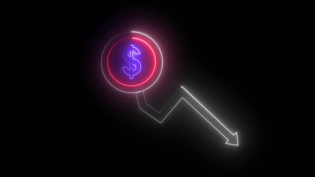 Cash with down arrow stocks graph animation with neon line Cash with down arrow stocks graph animation with neon line. Cash with down arrow stocks graph. dollar icon. dollar sign loss direction graph.