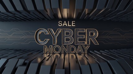 Cyber monday sale with glowing golden text on a dark futuristic background with lines