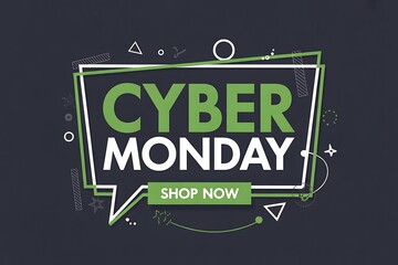 Cyber monday shop now with green and white design, abstract geometric elements