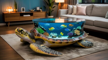 Stunning turtle aquarium coffee table brings vibrant ocean life and artistic design to modern living spaces