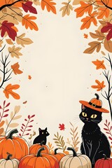 Halloween autumn frame with black cats pumpkins and fall leaves illustration