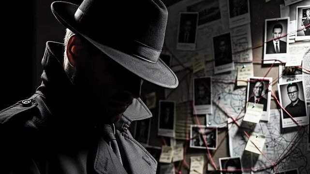 Detective Investigating Crime Case Board in Dark Room