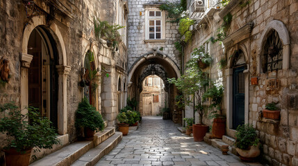 Fototapeta premium Sun-drenched European alleyway with stone architecture, arches, and lush greenery