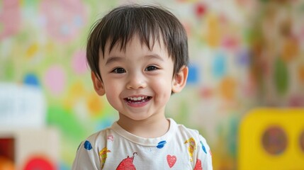 A young child with short hair, wearing a white shirt with colorful patterns, standing in a colorful, patterned room with a yellow object in the background.