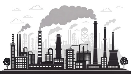 Fototapeta premium An illustration of an industrial factory emitting smoke into the city skyline against the urban backdrop