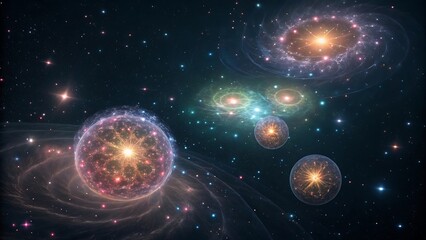 Fototapeta premium Vibrant cosmic nebula with swirling galaxies and glowing celestial bodies in deep space.