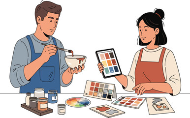 Creative couple mixing paint colors together, art design teamwork, color palette selection, painting process, modern illustration, artistic collaboration, creative studio project, hobby