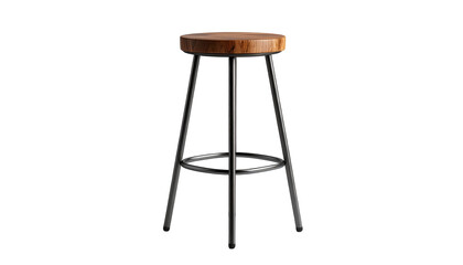 This photograph showcases a stylish, modern bar stool with a circular wooden seat and sleek, metallic legs.