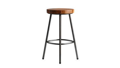 This photograph showcases a stylish, modern bar stool with a circular wooden seat and sleek, metallic legs.
