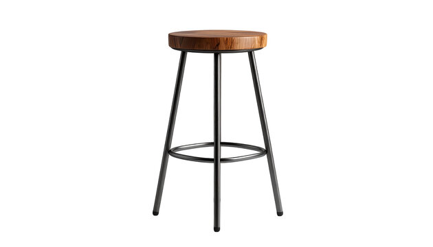 This photograph showcases a stylish, modern bar stool with a circular wooden seat and sleek, metallic legs.