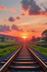 Railway Tracks Leading into Vibrant Sunset – Scenic Countryside Landscape