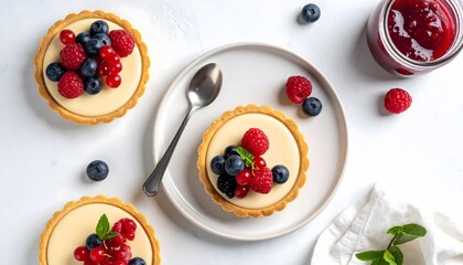 Top-down view of elegant mini tarts with creamy filling and fresh mixed berries on a white background.