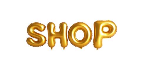 Golden balloon letters forming the word shop on black background