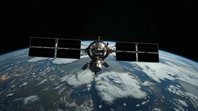 Satelite space station in orbit above planet Earth, space science