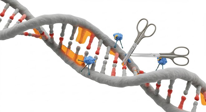 ハサミでDNAらせんが正確に切断される遺伝子編集の3Dグラフィック 光沢のある白い背景に鮮やかに描かれた未来医療技術. AI Generated