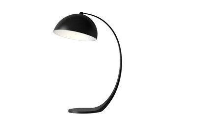 A modern black arc floor lamp is illuminated against a stark black background, showcasing its curved design and minimalist aesthetic.