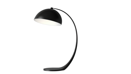 A modern black arc floor lamp is illuminated against a stark black background, showcasing its curved design and minimalist aesthetic.