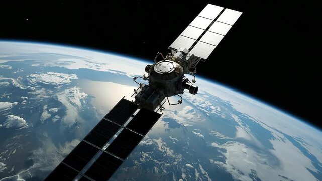 Satelite space station in orbit above planet Earth, space science