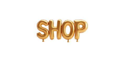 Golden balloon letters spell "shop" isolated on white