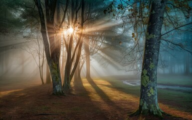 Misty forest in early morning, sunlight rays breaking through trees, calm atmosphere, natural colors,