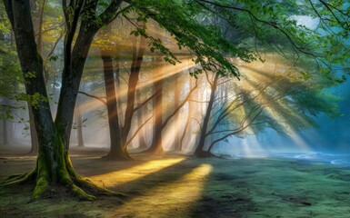 Misty forest in early morning, sunlight rays breaking through trees, calm atmosphere, natural colors, 