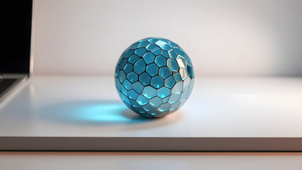 blue glass sphere, Chrome Sphere and Abstract Circuit Patterns, Geometric Sphere with Data Sheets, Clean Modern Technology Background, Flat Lay of Data and Digital Patterns