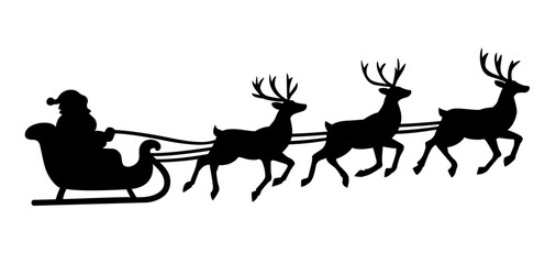 Santa in a sleigh with reindeers silhouette. Black vector illustration isolated on white background
