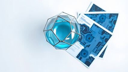 blue glass sphere, Chrome Sphere and Abstract Circuit Patterns, Geometric Sphere with Data Sheets, Clean Modern Technology Background, Flat Lay of Data and Digital Patterns