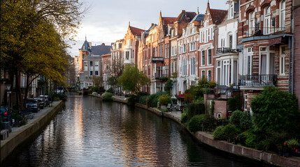 Obraz premium Autumn canal lined with historic Dutch houses and golden trees reflecting in the water