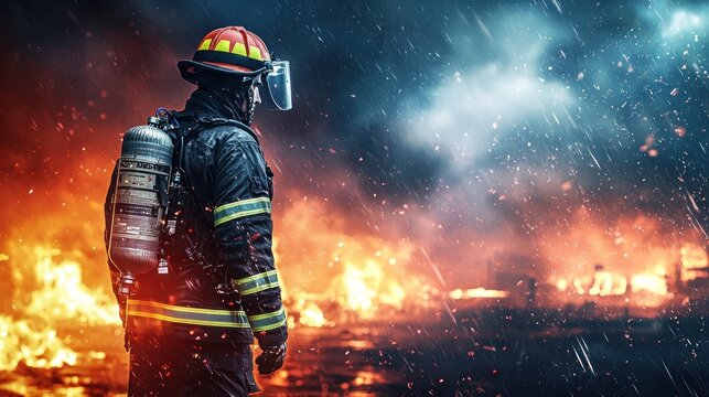 A firefighter stands in front of a burning building, wearing a helmet and carrying a hose. The scene is filled with smoke and flames, creating a sense of urgency and danger.