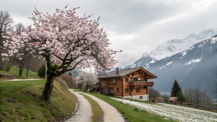 Blooming Tree in Front of Rustic Wooden House in the Alps – Spring Mountain Landscape