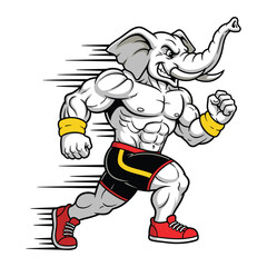 Muscular cartoon elephant running with red sneakers
