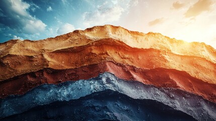 A mountain range with layers of sedimentary rock under a clear sky.