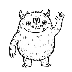 Cute furry monster waving friendly hand outline illustration